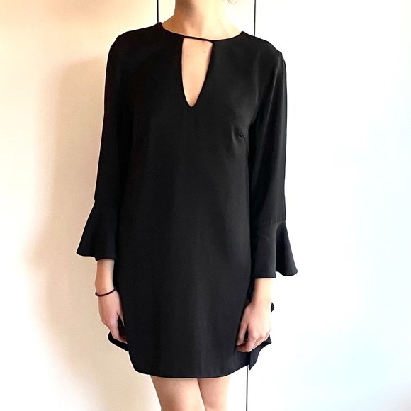 Rare C/MEO Collective black V-neck mini dress with unique flare sleeves - Picture 10 of 16